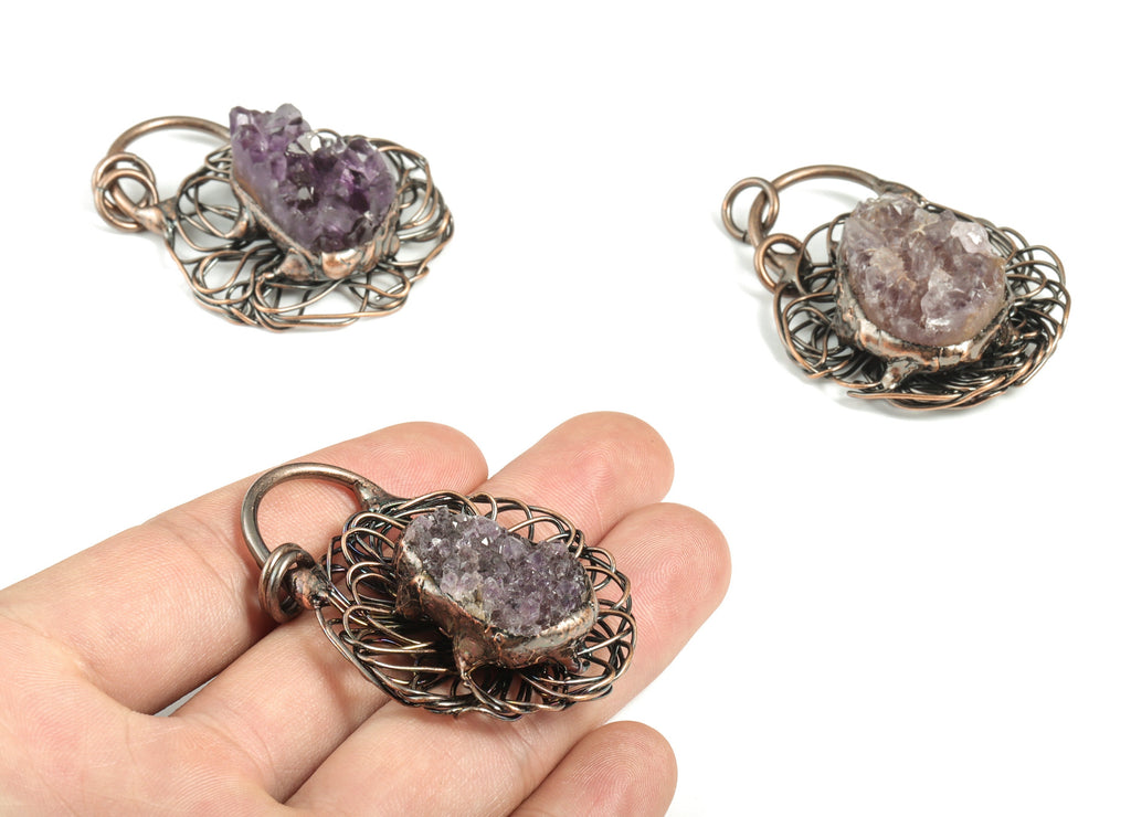 Amethyst Druzy Agate Pendant – Wire Wrap Purple Amethyst Gemstone - DIY Jewelry Supplies - Average Size - 49.75× 38.39× 18.26mm - NS1379 - DOMEDBAZAAR