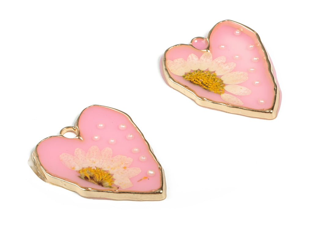 Brass Heart Earring Charms - Brass AB Glue Charms - Resin Dried Real Flower Pendant - Jewelry Making Supplies - 34.75x27.84x3.1mm - RC1179 - DOMEDBAZAAR