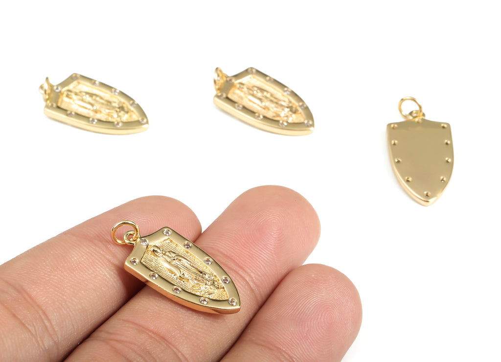Brass Drop Saint Earring Charms With Zircons - Gold Drop Saint Pendant - 18K Real Gold Plated Brass - 26.9x12.42x2.24mm - RGP3109 - DOMEDBAZAAR