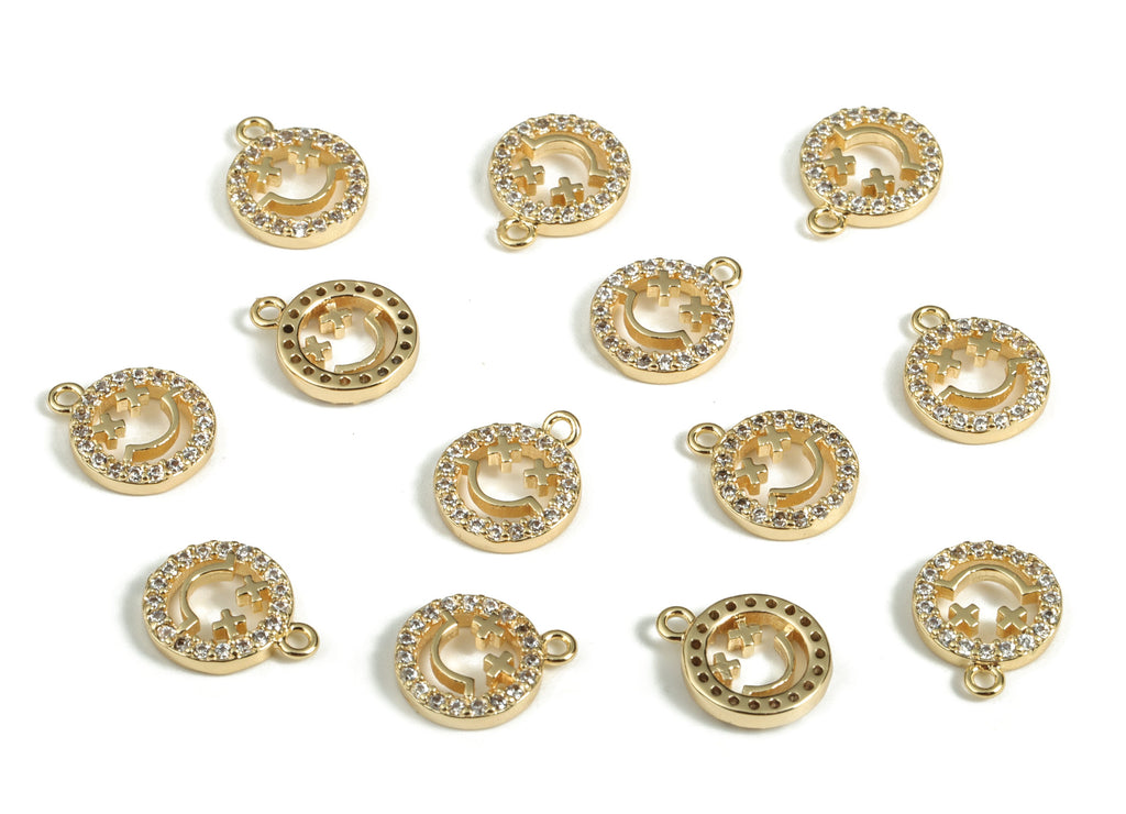Brass Smiley Earring Charms With Zircons - Gold Smiley Pendant - 18K Real Gold Plated Brass - Jewelry Supplies - 9.91x8.19x1.82mm - RGP3178 - DOMEDBAZAAR