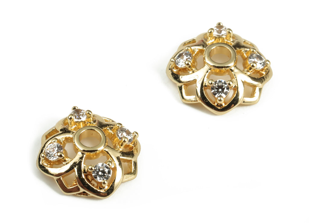 Brass Flower Earring Charms With Zircons - Gold Flower Pendant - 18K Real Gold Plated Brass - Jewelry Supplies - 10.14x9.96x2.13mm - RGP3120 - DOMEDBAZAAR