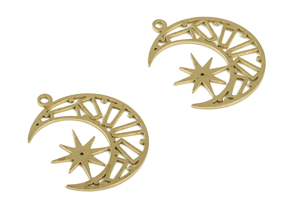 Brass Crescent Earring Charms - Raw Brass Star Pendant - Earrings Finding - Jewelry Making Supplies - 25.53x20.58x1.01mm - PP4216 - DOMEDBAZAAR