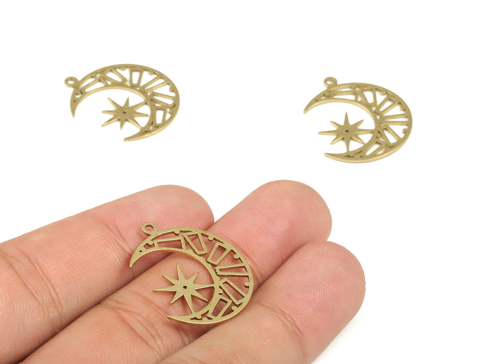 Brass Crescent Earring Charms - Raw Brass Star Pendant - Earrings Finding - Jewelry Making Supplies - 25.53x20.58x1.01mm - PP4216 - DOMEDBAZAAR