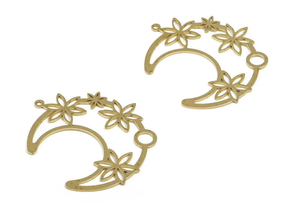Brass Crescent Earring Charms - Raw Brass Flower Pendant - Earrings Finding - Jewelry Making Supplies - 39.42x34.39x0.68mm - PP4198 - DOMEDBAZAAR