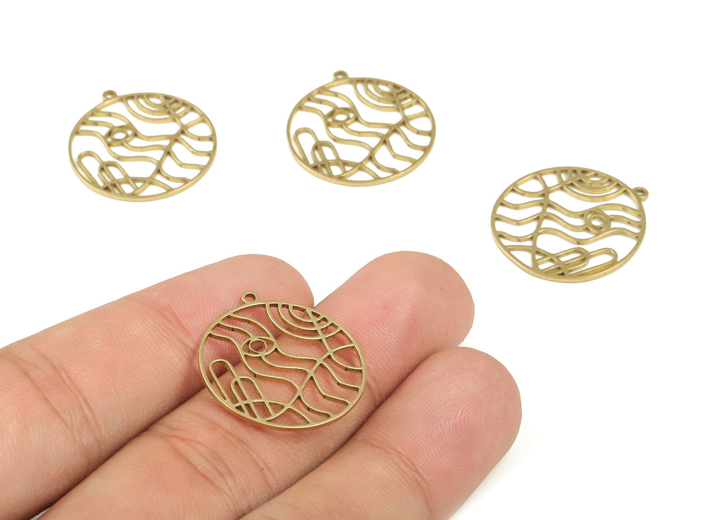 Brass Round Eye Earring Charms - Raw Brass Circle Wave Pendant - Earring Findings - Jewelry Making Supplies - 23.81x21.82x0.89mm - PP4249 - DOMEDBAZAAR