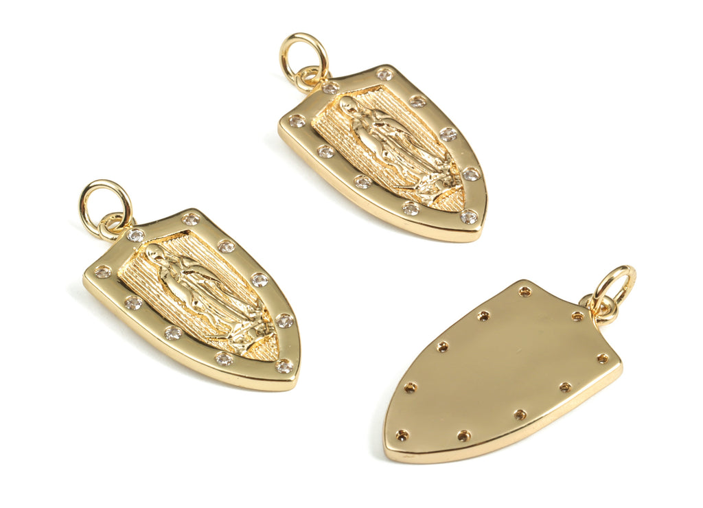 Brass Drop Saint Earring Charms With Zircons - Gold Drop Saint Pendant - 18K Real Gold Plated Brass - 26.9x12.42x2.24mm - RGP3109 - DOMEDBAZAAR