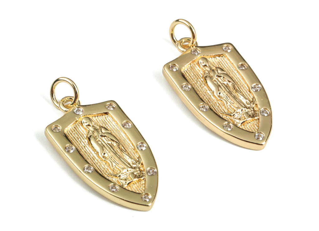 Brass Drop Saint Earring Charms With Zircons - Gold Drop Saint Pendant - 18K Real Gold Plated Brass - 26.9x12.42x2.24mm - RGP3109 - DOMEDBAZAAR