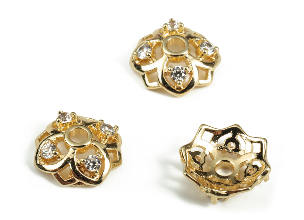 Brass Flower Earring Charms With Zircons - Gold Flower Pendant - 18K Real Gold Plated Brass - Jewelry Supplies - 10.14x9.96x2.13mm - RGP3120 - DOMEDBAZAAR