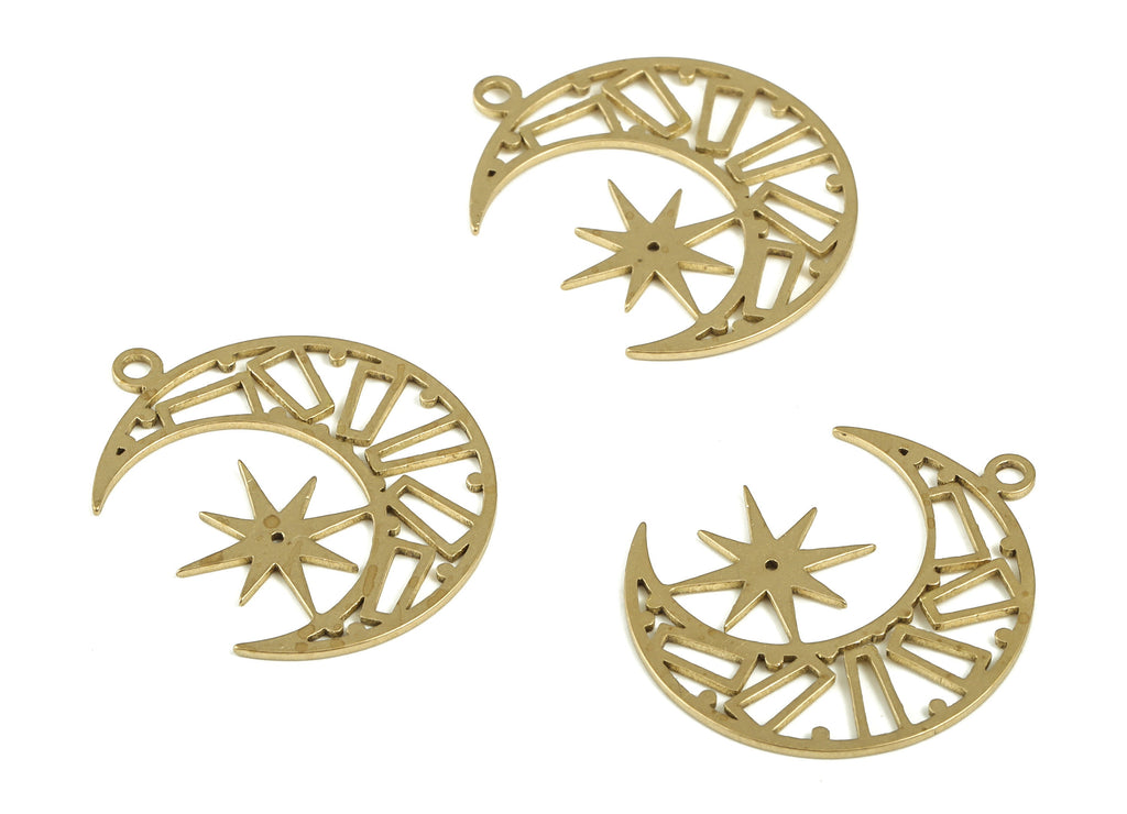 Brass Crescent Earring Charms - Raw Brass Star Pendant - Earrings Finding - Jewelry Making Supplies - 25.53x20.58x1.01mm - PP4216 - DOMEDBAZAAR