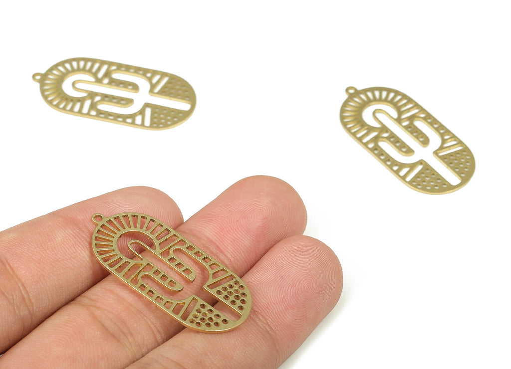 Raw Brass Oval Cactus Pendant – Brass Oval Cactus Earring Charm - Earring Findings - Jewelry Making Supplies - 35.28x16.61x0.78mm - PP4302 - DOMEDBAZAAR
