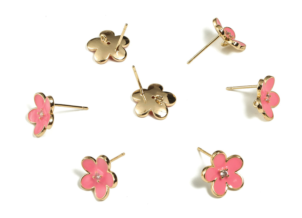 Brass Flower Stud Earring - Brass Enamel Flower Stud - 925 Silver Brass Stud with Zircon - 18K Gold Plated Brass -12.3x12.03x1.43mm- RGP3091 - DOMEDBAZAAR