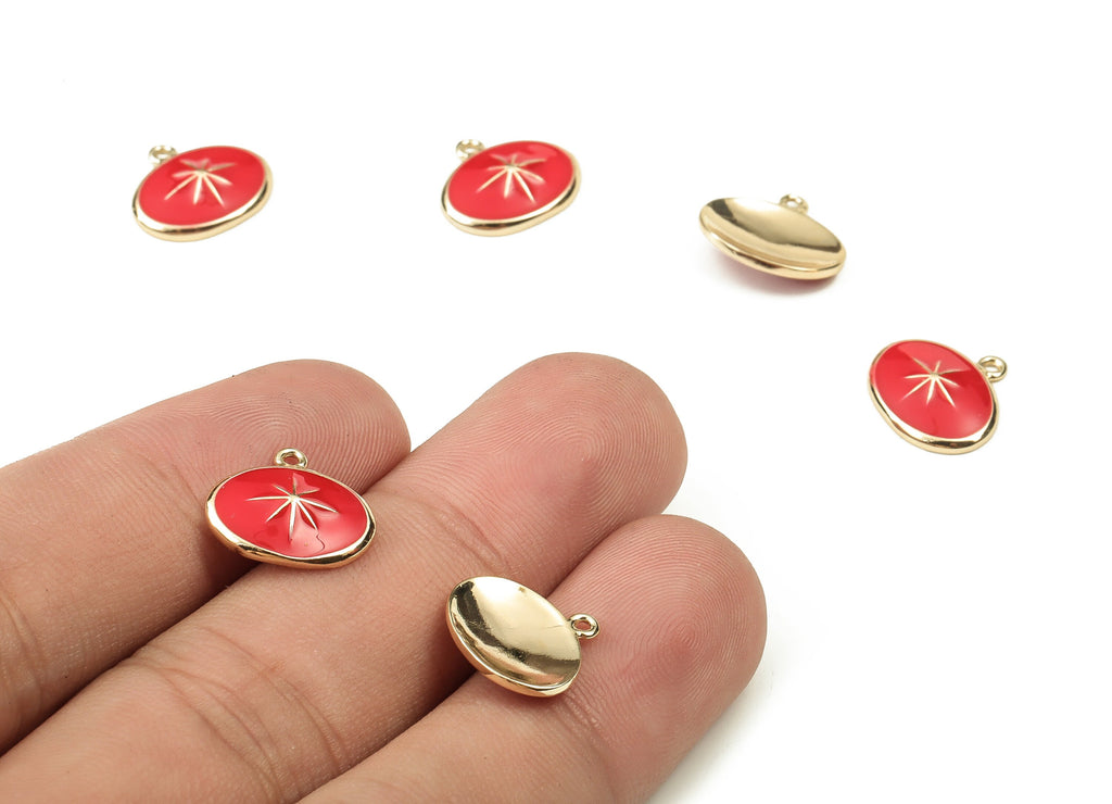 Brass Oval Earring Charms - Star Pendant – Oval Red Charm - 18K Real Gold Plated Brass - Jewelry Supplies - 13.23x12.08x1.05mm - RGP3738B - DOMEDBAZAAR