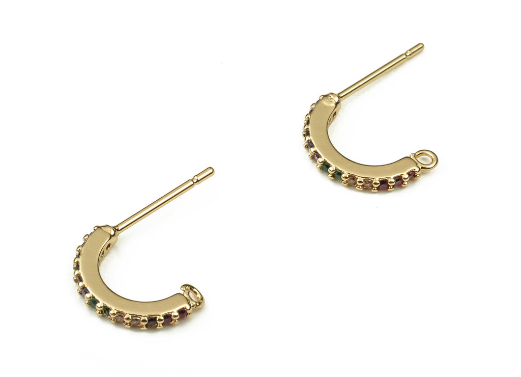 Brass C Earring Stud With Zircons - Gold Semicircle Earring Post - Brass Stud - 18K Real Gold Plated Brass – 11.28x1.08x1.56mm - RGP3776 - DOMEDBAZAAR