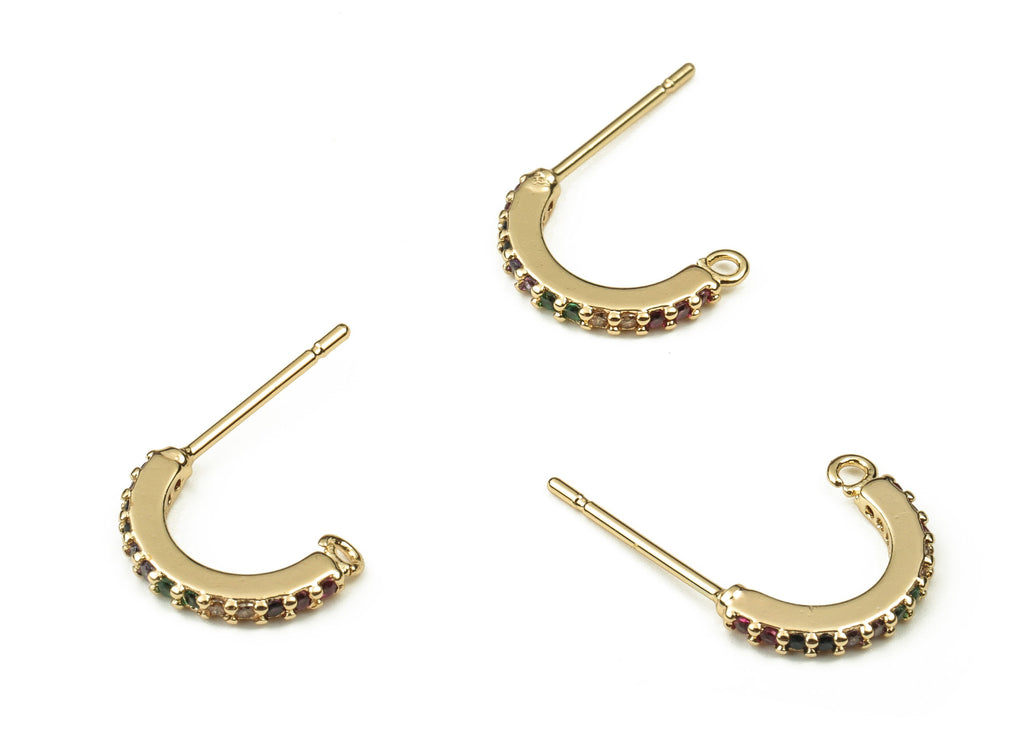 Brass C Earring Stud With Zircons - Gold Semicircle Earring Post - Brass Stud - 18K Real Gold Plated Brass – 11.28x1.08x1.56mm - RGP3776 - DOMEDBAZAAR