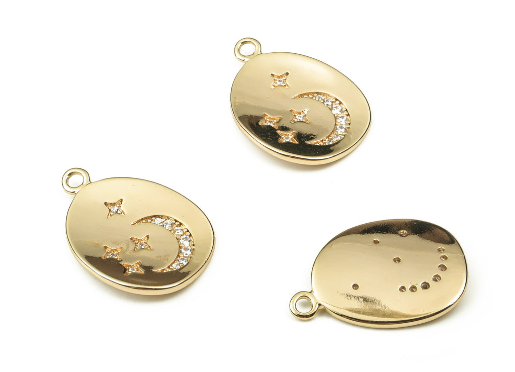 Brass Drop Earring Charms With Zircons - Gold Moon Star Pendant - 18K Real Gold Plated Brass - Jewelry Supplies - 21.89x15.6x1.8mm - RGP3793 - DOMEDBAZAAR