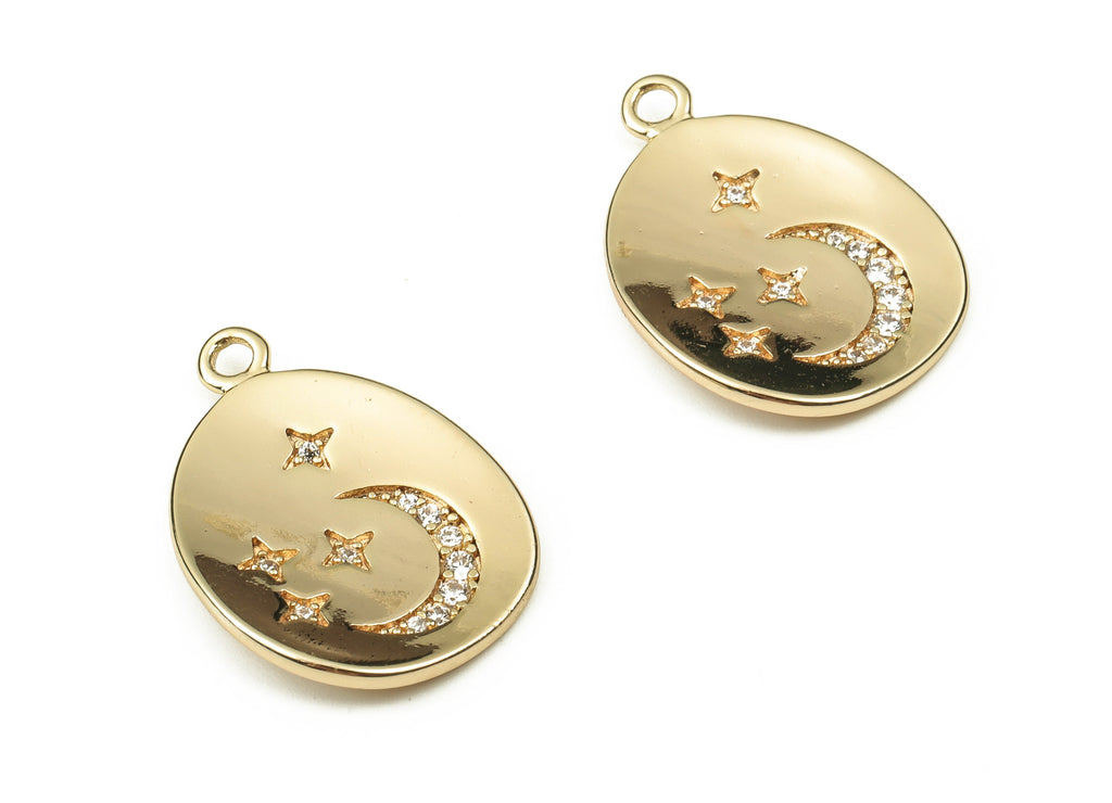 Brass Drop Earring Charms With Zircons - Gold Moon Star Pendant - 18K Real Gold Plated Brass - Jewelry Supplies - 21.89x15.6x1.8mm - RGP3793 - DOMEDBAZAAR