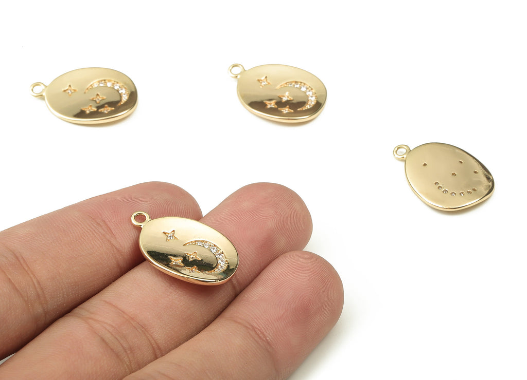 Brass Drop Earring Charms With Zircons - Gold Moon Star Pendant - 18K Real Gold Plated Brass - Jewelry Supplies - 21.89x15.6x1.8mm - RGP3793 - DOMEDBAZAAR