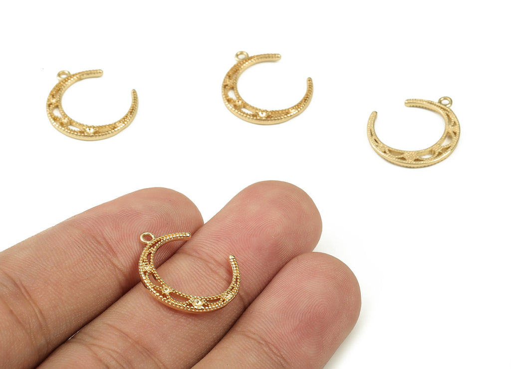Brass Crescent Earring Charms - Gold Moon Pendant - 18K Real Gold Plated Brass - Jewelry Making Supplies - 19.14x16.13x1.2mm - RGP3817 - DOMEDBAZAAR