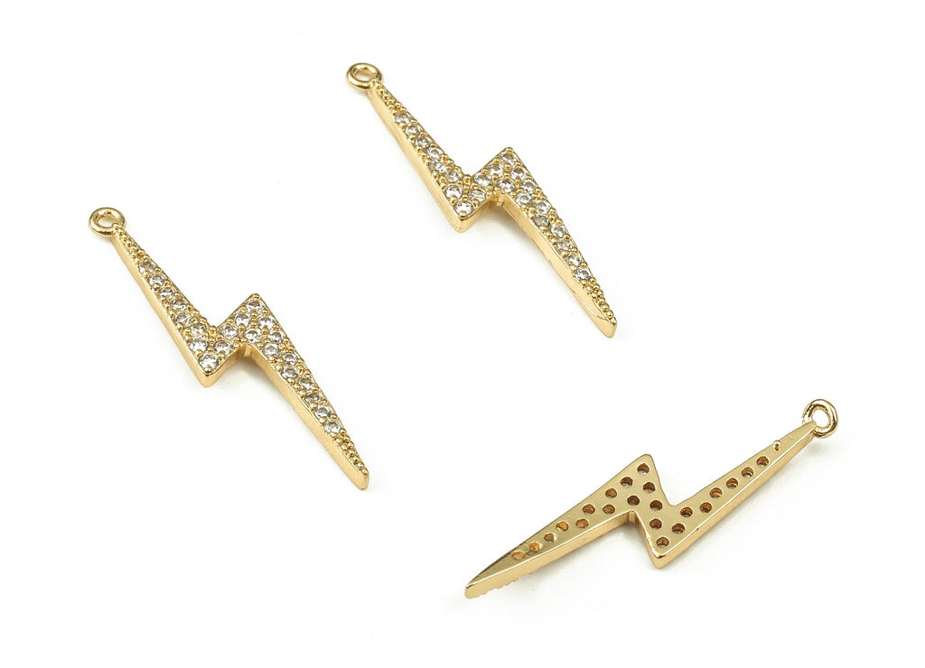 Brass Lightning Earring Charms With Zircons - Gold Lightning Pendant - 18K Real Gold Plated Brass - 27.21x6.44x1.65mm - RGP3783 - DOMEDBAZAAR