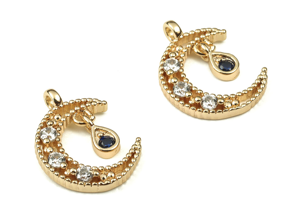 Brass Crescent Earring Charms With Zircons - Gold Moon Pendant - 18K Real Gold Plated Brass - Jewelry Supplies - 14.79x11.08x2.2mm - RGP3744 - DOMEDBAZAAR