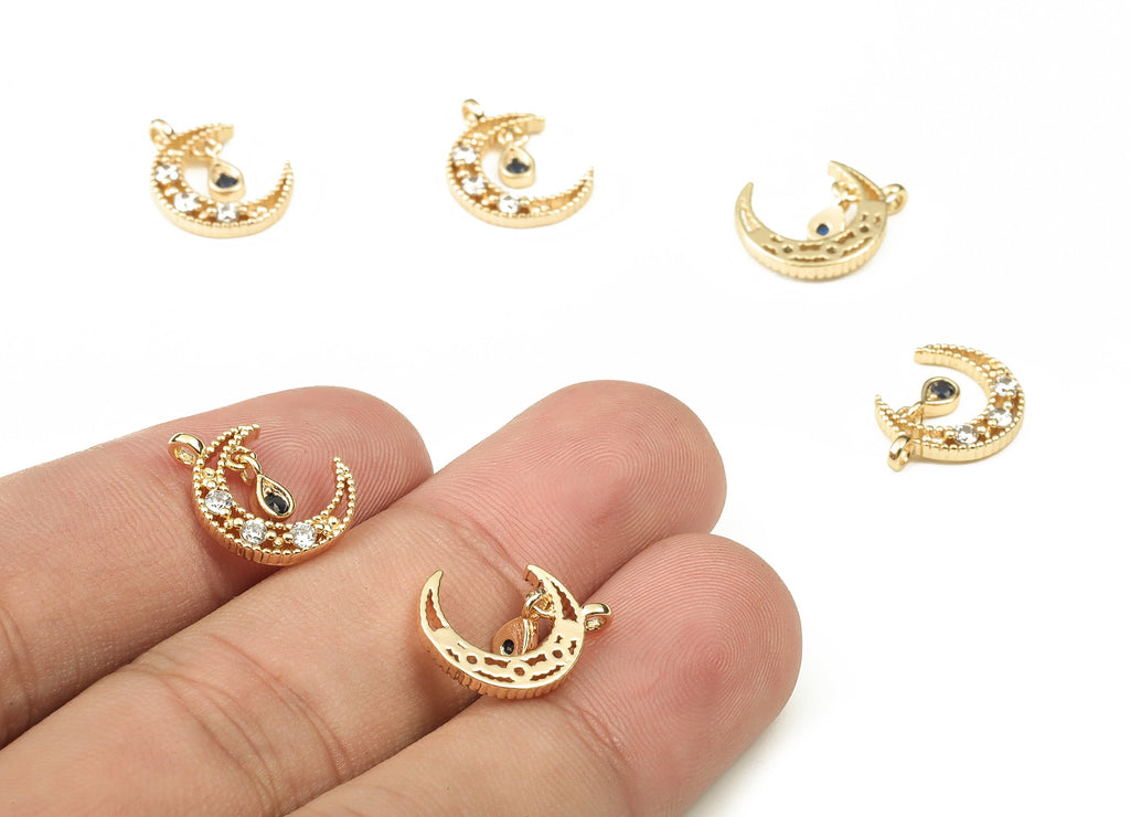Brass Crescent Earring Charms With Zircons - Gold Moon Pendant - 18K Real Gold Plated Brass - Jewelry Supplies - 14.79x11.08x2.2mm - RGP3744 - DOMEDBAZAAR