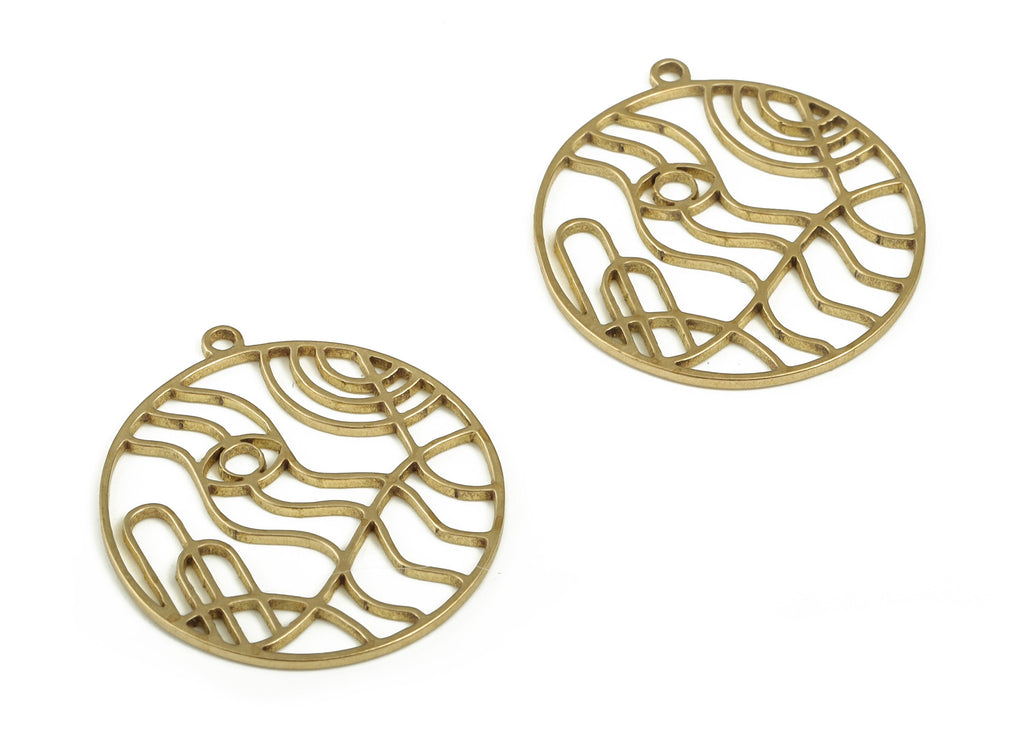 Brass Round Eye Earring Charms - Raw Brass Circle Wave Pendant - Earring Findings - Jewelry Making Supplies - 23.81x21.82x0.89mm - PP4249 - DOMEDBAZAAR