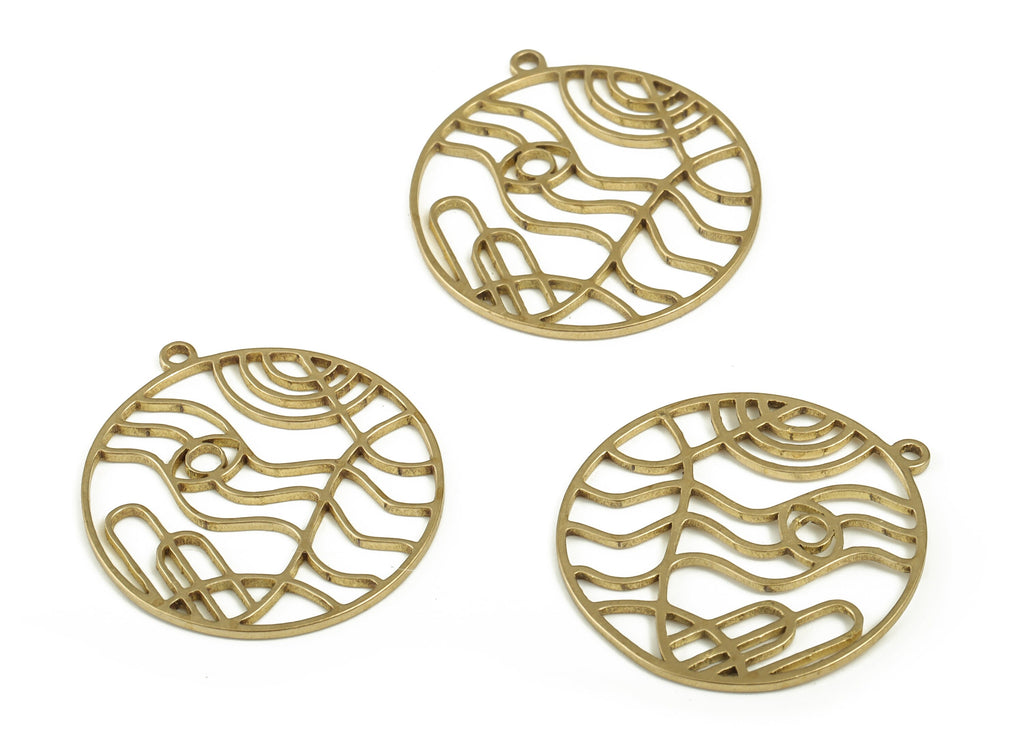 Brass Round Eye Earring Charms - Raw Brass Circle Wave Pendant - Earring Findings - Jewelry Making Supplies - 23.81x21.82x0.89mm - PP4249 - DOMEDBAZAAR