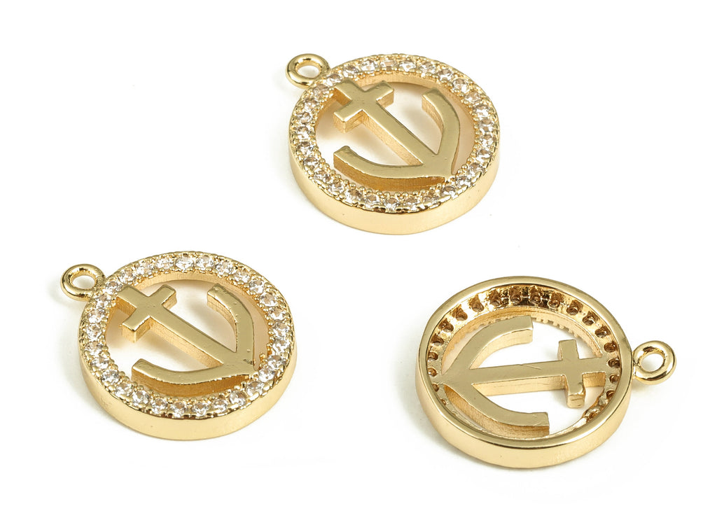 Brass Round Earring Charms With Zircons - Gold Symbol Pendant - 18K Real Gold Plated Brass - Jewelry Supplies - 13.83x11.65x2.18mm - RGP3684 - DOMEDBAZAAR