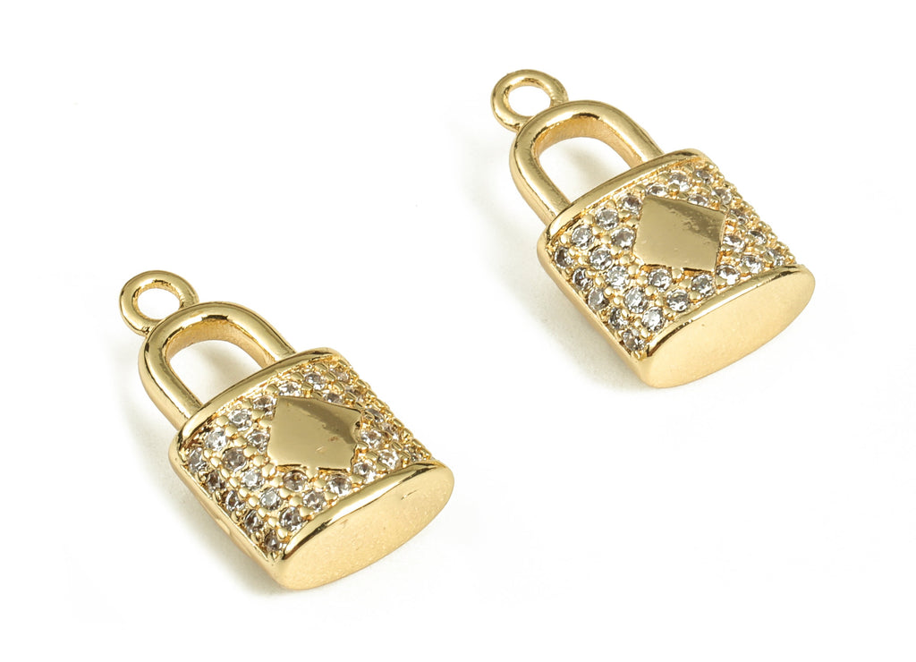 Brass Lock Earring Charms With Zircons - Gold Lock Shape Pendant - 18K Real Gold Plated Brass - Jewelry Supplies - 13.7x7.3x4mm - RGP3669 - DOMEDBAZAAR