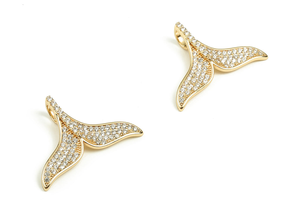 Brass Fish Tail Earring Charms With Zircons - Gold Fish Tail Pendant - 18K Real Gold Plated Brass - 19.54x29.11x3.26mm - RGP3886 - DOMEDBAZAAR