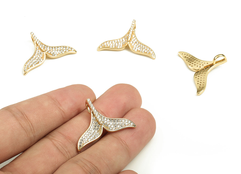 Brass Fish Tail Earring Charms With Zircons - Gold Fish Tail Pendant - 18K Real Gold Plated Brass - 19.54x29.11x3.26mm - RGP3886 - DOMEDBAZAAR