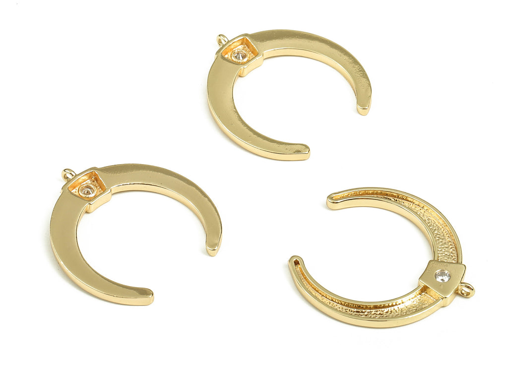 Brass Crescent Earring Charms With Zircon - Gold Moon Pendant - 18K Real Gold Plated Brass - Jewelry Supplies - 26.86x25.45x2.45mm - RGP3878 - DOMEDBAZAAR