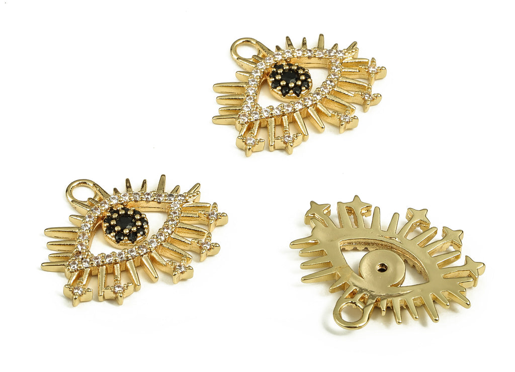Brass Eye Earring Charms With Zircons - Gold Eye Pendant - 18K Real Gold Plated Brass - Jewelry Making Supplies - 20.23x22.8x2.6mm - RGP3874 - DOMEDBAZAAR