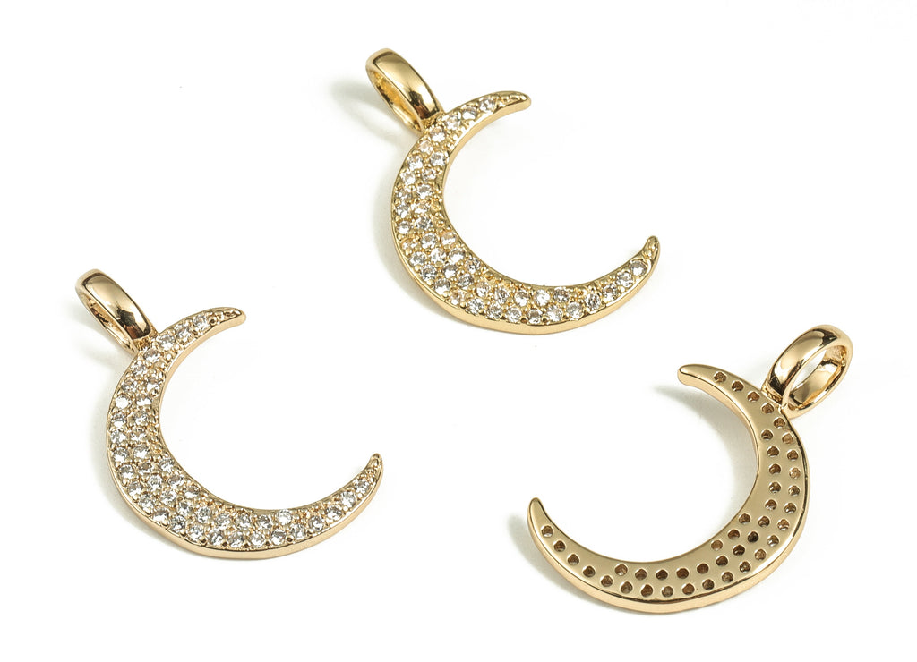 Brass Crescent Earring Charms With Zircons - Gold Moon Pendant - 18K Real Gold Plated Brass - Jewelry Supplies - 21.75x12.57x1.6mm - RGP3627 - DOMEDBAZAAR