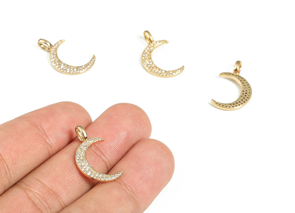 Brass Crescent Earring Charms With Zircons - Gold Moon Pendant - 18K Real Gold Plated Brass - Jewelry Supplies - 21.75x12.57x1.6mm - RGP3627 - DOMEDBAZAAR