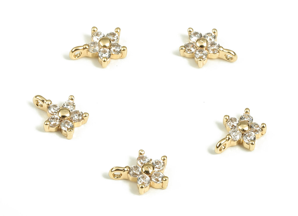 Brass Flowers Earring Charms With Zircons - Gold Flowers Pendant - 18K Real Gold Plated Brass - Jewelry Supplies - 6.52x4.9x1.88mm - RGP3890 - DOMEDBAZAAR