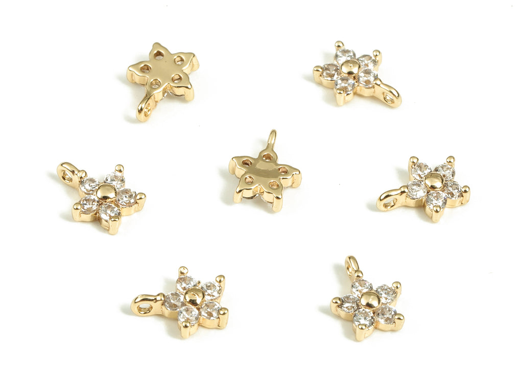 Brass Flowers Earring Charms With Zircons - Gold Flowers Pendant - 18K Real Gold Plated Brass - Jewelry Supplies - 6.52x4.9x1.88mm - RGP3890 - DOMEDBAZAAR