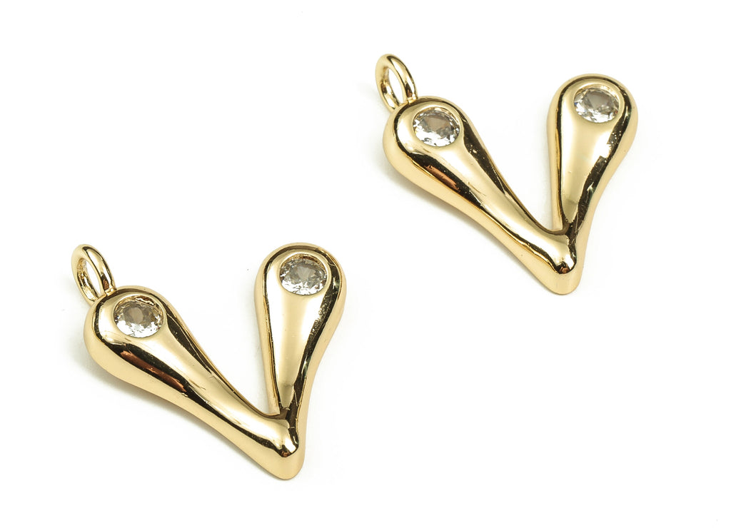 Brass Alphabet V Earring Charms with Zircons - V Initial Charm -The Letter V Pendant - 18K Gold Plated Brass - 25.97x21.55x3.65mm - RGP3668V - DOMEDBAZAAR