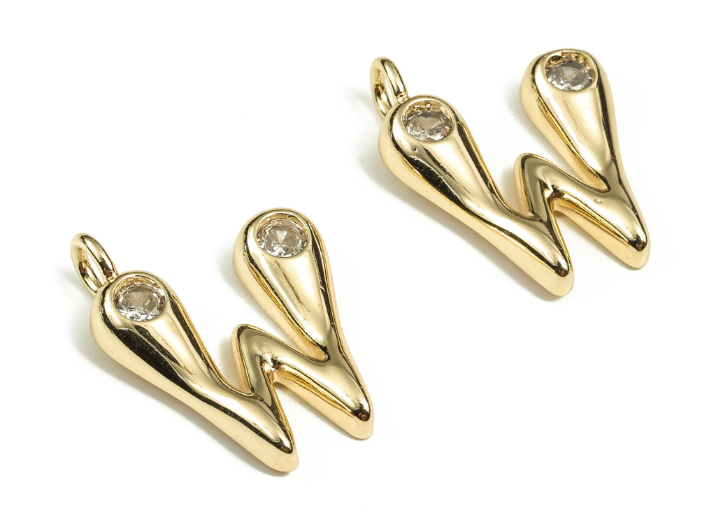 Brass Alphabet Letter Earring Charms - Zircons Gold The letter W Pendant - 18K Real Gold Plated Brass Charm -24.65x18.86x4.12mm- RGP3668W - DOMEDBAZAAR