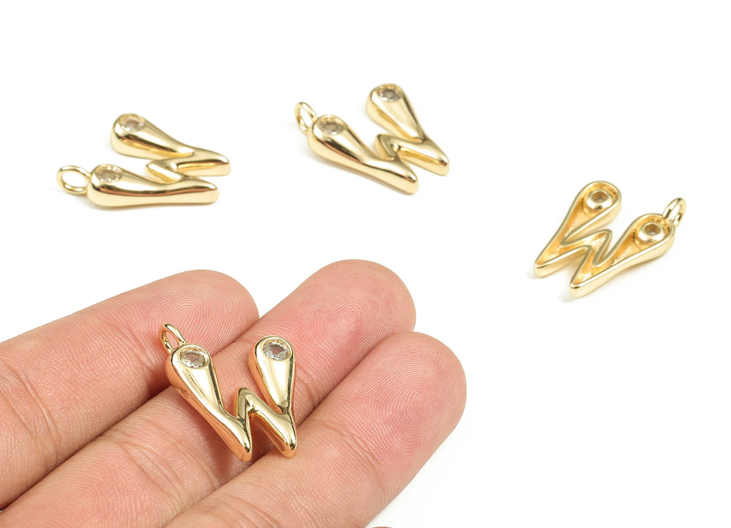 Brass Alphabet Letter Earring Charms - Zircons Gold The letter W Pendant - 18K Real Gold Plated Brass Charm -24.65x18.86x4.12mm- RGP3668W - DOMEDBAZAAR