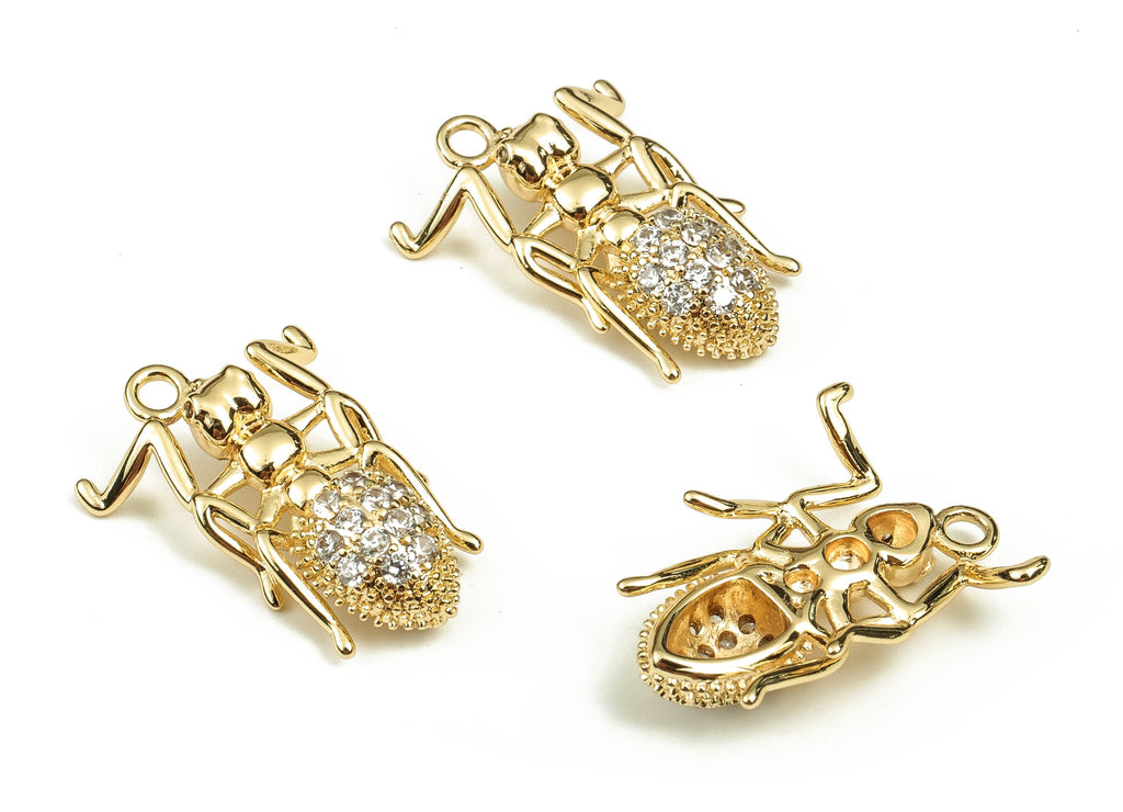 Brass Insect Earring Charms With Zircons - Gold Insect Pendant - 18K Real Gold Plated Brass - Jewelry Supplies - 20.74x15.08x4.4mm - RGP3716 - DOMEDBAZAAR