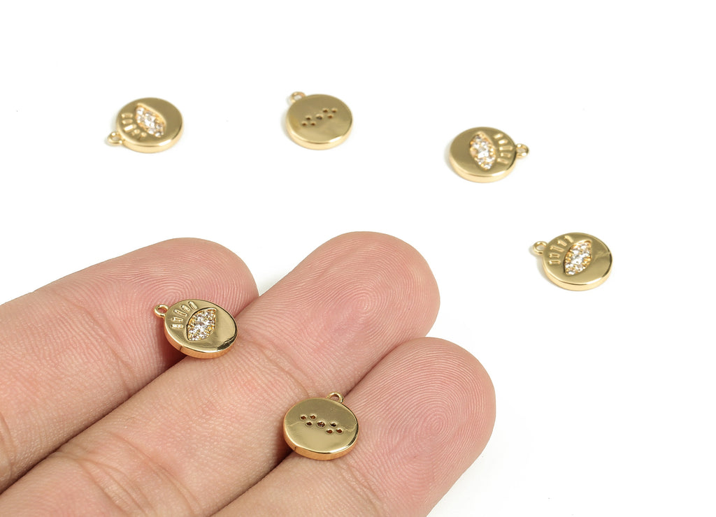 Brass Round Earring Charms with Zircons - Gold Eye Pendant Charm - 18K Gold Plated Brass Charm - Jewelry Supplies -10.4x 8.7x1.64mm- RGP3489 - DOMEDBAZAAR