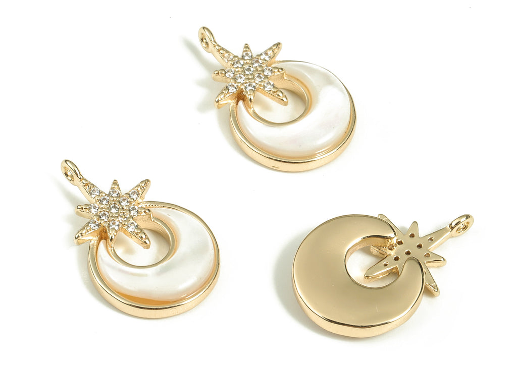 Brass Crescent Earring Charms With Zircons - Gold Star Pendant - 18K Real Gold Plated Brass - Jewelry Supplies - 17.5x11.3x2.9mm - RGP3478 - DOMEDBAZAAR