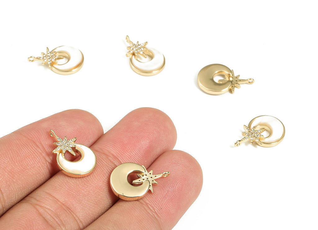 Brass Crescent Earring Charms With Zircons - Gold Star Pendant - 18K Real Gold Plated Brass - Jewelry Supplies - 17.5x11.3x2.9mm - RGP3478 - DOMEDBAZAAR