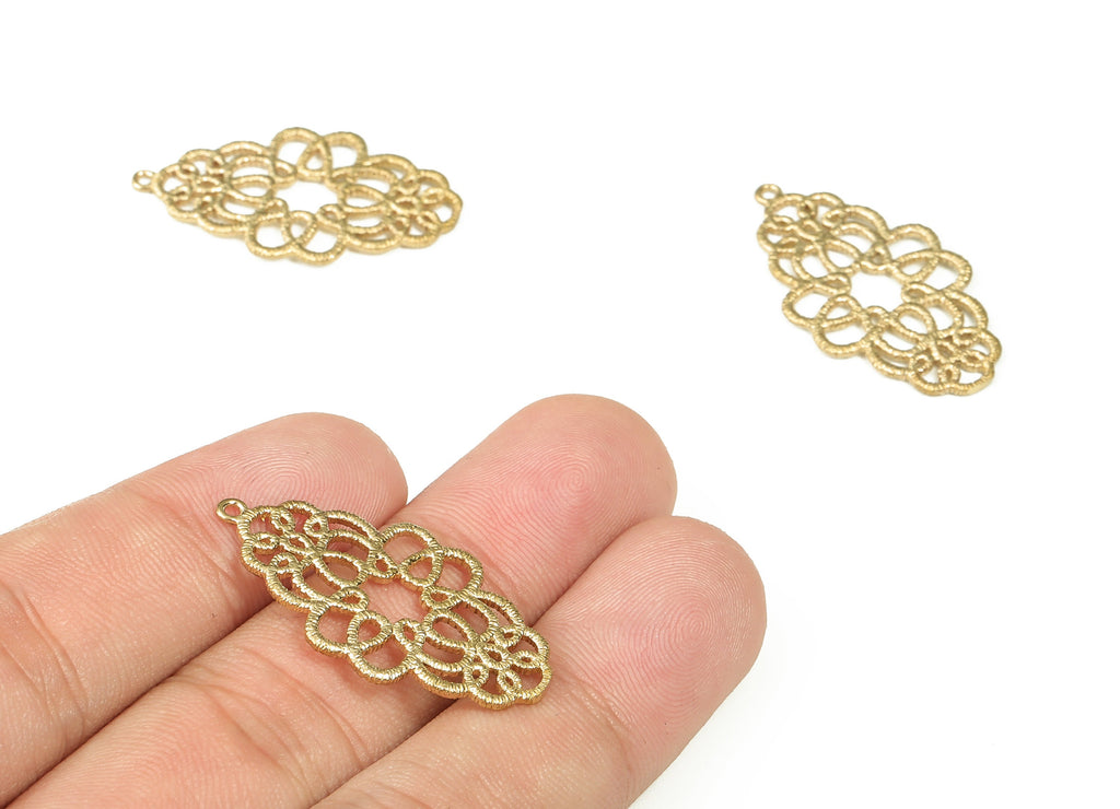 Raw Brass Filigree Flower Pattern Pendant Charm – Brass Textured Knot Earrings Charm – Jewelry Making Supplies - 32.52x17.9x1.26mm - PP4393 - DOMEDBAZAAR