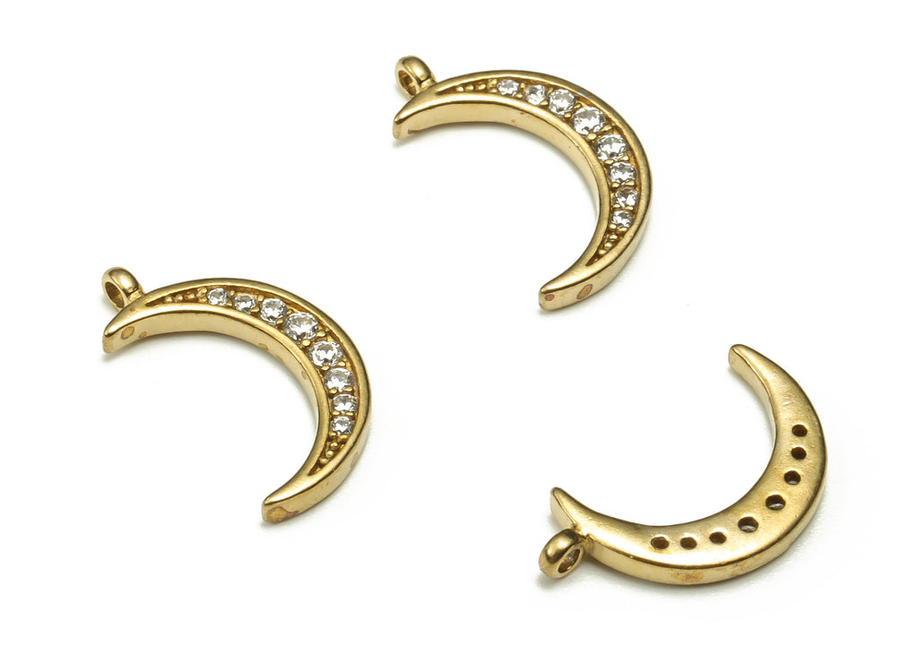 Brass Crescent Earring Charms With Zircons - Raw Brass Moon Pendant - Earring Finding - Jewelry Making Supplies - 14.22x8.37x1.51mm - PP4562 - DOMEDBAZAAR