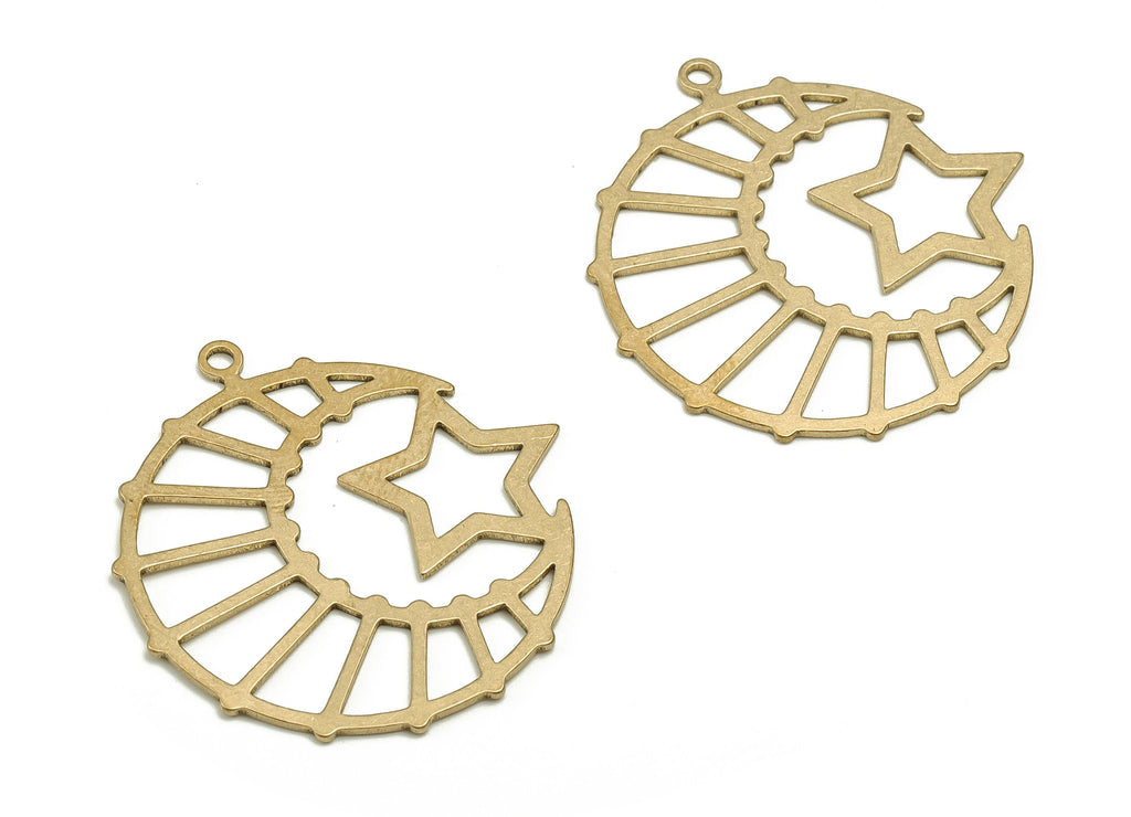 Brass Crescent Earring Charms - Raw Brass Moon Star Pendant - Earring Findings - Jewelry Making Supplies - 28.8x27.6x0.8mm - PP4592 - DOMEDBAZAAR