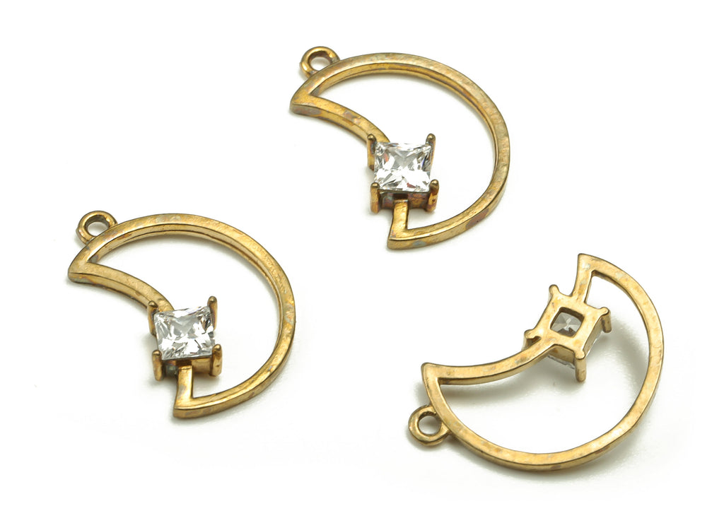 Brass Crescent Earring Charms With Zircon - Raw Brass Moon Pendant - Earrings Finding - Jewelry Making Supplies - 14.65x9.75x2.33mm - PP4643 - DOMEDBAZAAR