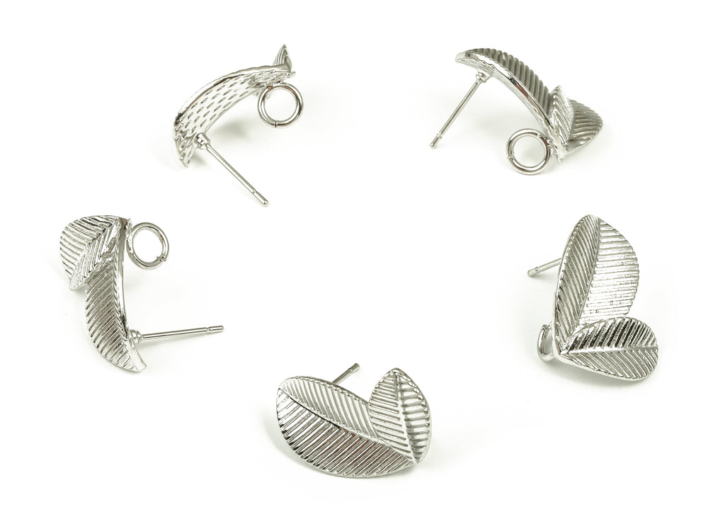 Brass Leaves Earring Stud - White Gold Leaves Post - Stainless Steel Stud - 18K Real White Gold Plated Brass - 20.9x18.31x1.82mm - RGP4022 - DOMEDBAZAAR