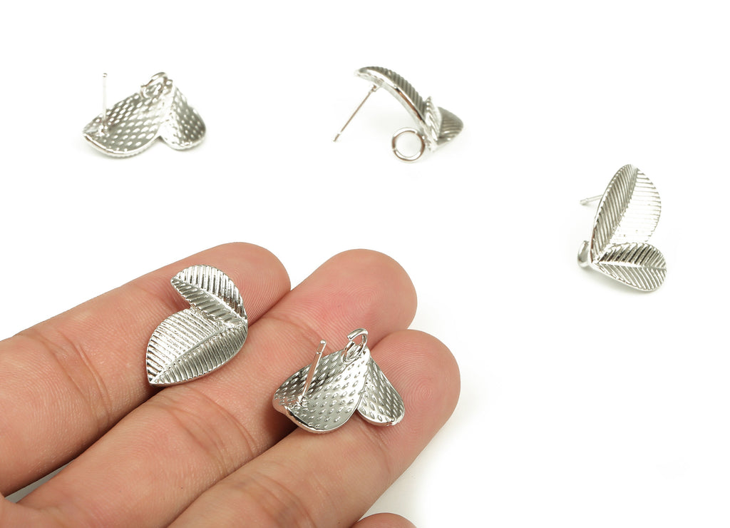 Brass Leaves Earring Stud - White Gold Leaves Post - Stainless Steel Stud - 18K Real White Gold Plated Brass - 20.9x18.31x1.82mm - RGP4022 - DOMEDBAZAAR